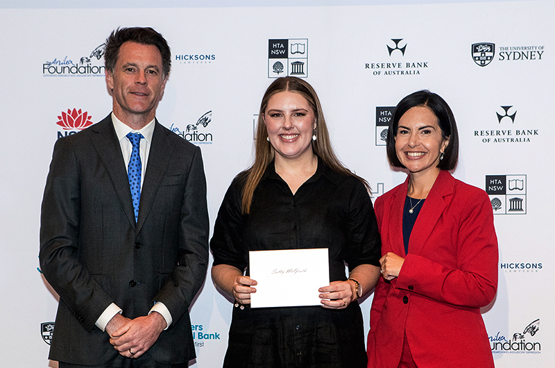 NSW Premier Chris Minns MP, Sally McGrath, 2024 Scholarship Recipient and Deputy Premier, The Hon. Prue Car