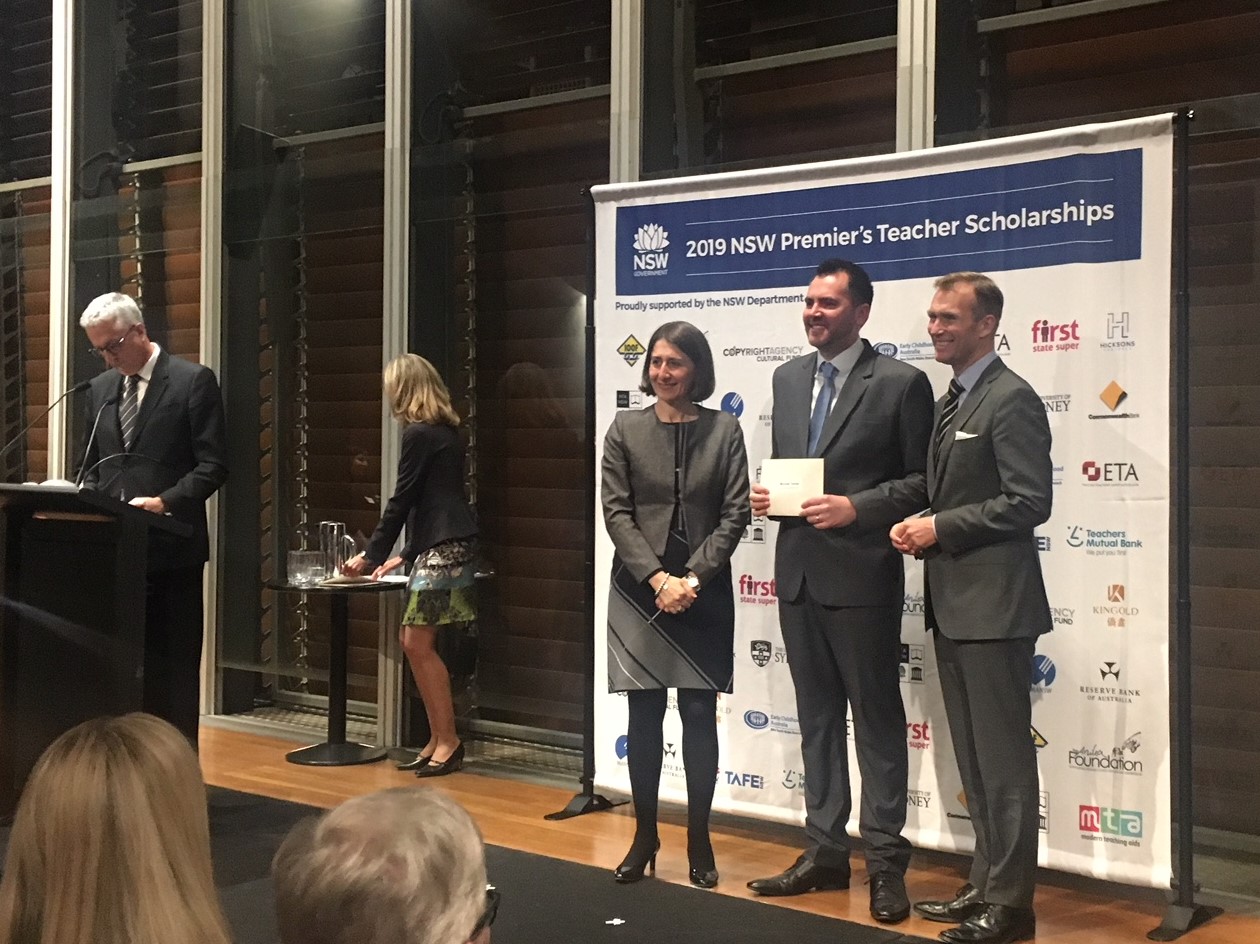 NSW Premier, Gladys Berejiklian; Michael Turner, scholarship recipient and Minister for Education, Rob Stokes.