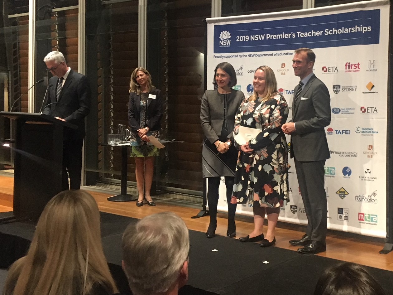 NSW Premier, Gladys Berejiklian; Bec Gray, scholarship recipient and Minister for Education, Rob Stokes.