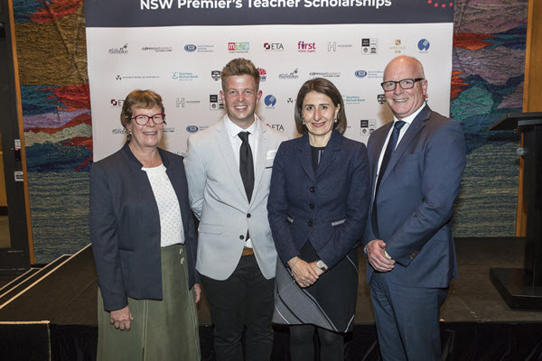 Pictured: Sabina Armstrong, Aboriginal Education Scholarship Recipient; Lee Hancock, New & Emerging Technologies Scholarship Recipient; NSW Premier, Gladys Berejiklian; and Craig McMahon, Chief Operations Officer, Teachers Mutual Bank Limited
