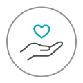 An icon of a hand holding a heart representing care.