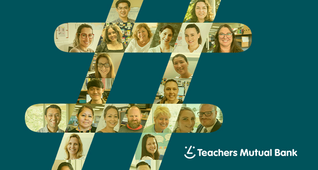 A teal background with a hashtag symbol overlaid with images of Australian teachers, with the Teachers Mutual Bank logo on the bottom right.