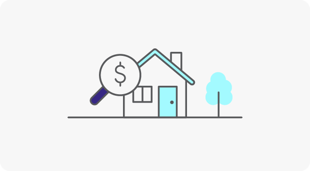 A simple drawing of a house with a magnifying glass looking it over with a dollar sign.