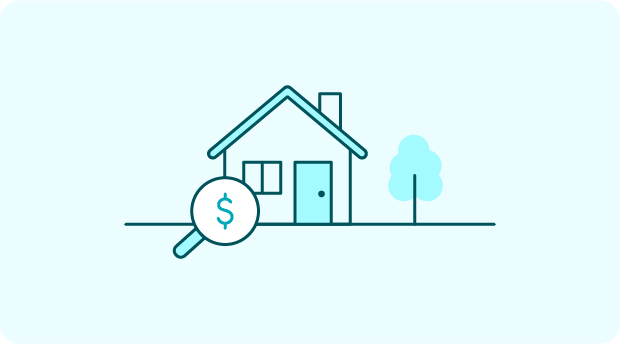 A simple drawing of a house with a magnifying glass looking it over with a dollar sign.