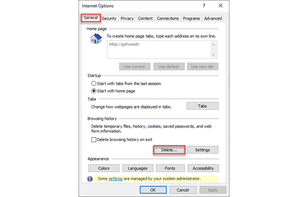 Screenshot of step for troubleshooting system error in Internet Explorer