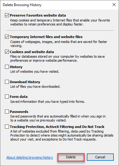 Screenshot of step for troubleshooting system error in Internet Explorer