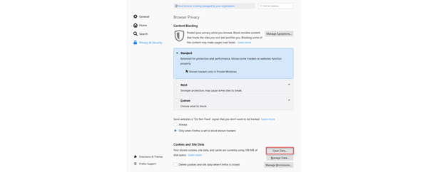 Screenshot of step for troubleshooting system error in Firefox