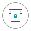 Icon of a bank card with overlay of a padlock symbol in an ATM.