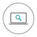 Icon of a laptop screen with a teal magnifying glass in the centre.