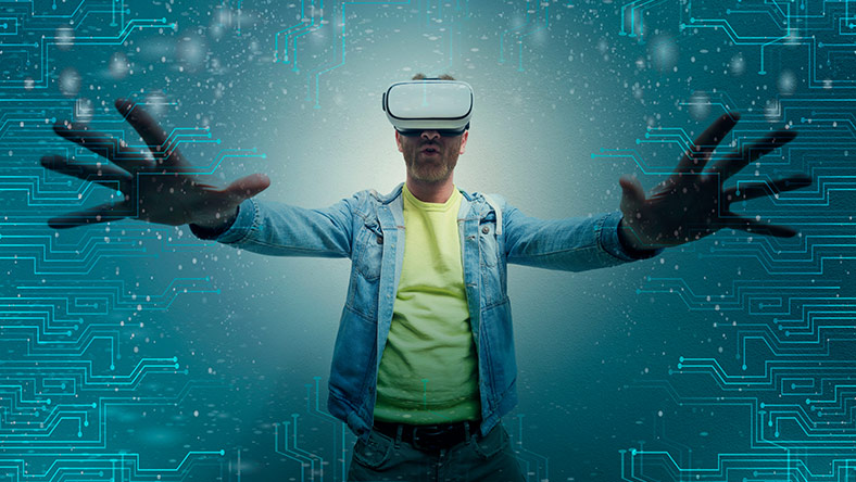 man with outstretched arms wearing virtual reality glasses