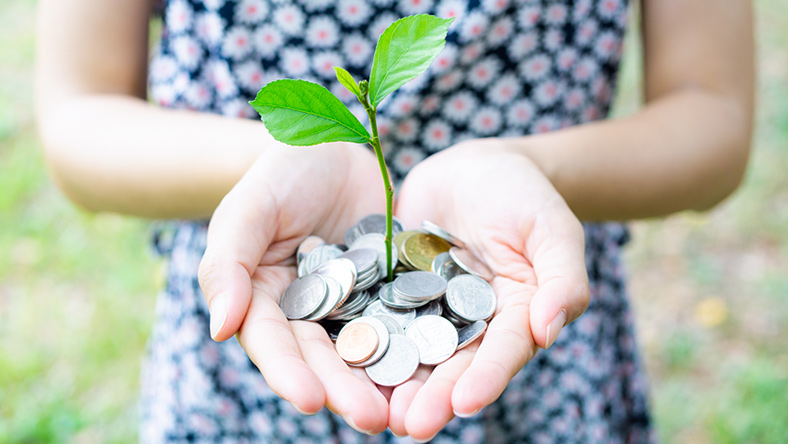 A leaf grows upwards from a handful of coins - how do banks grow your money?