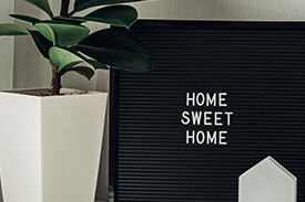 A home sweet home board sits behind a pot plant on a window sill.