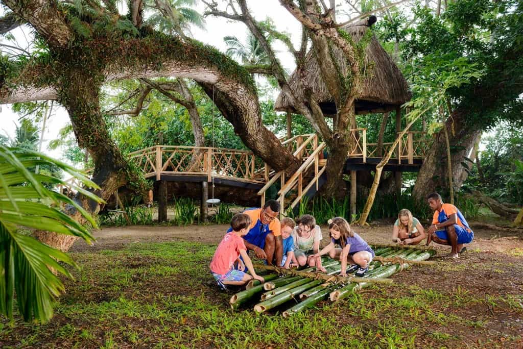 Kids learning to build a raft at Jean-Michel Cousteau Resort