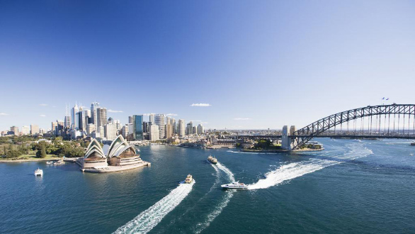 An aerial picture of Sydney Harbour with the Sydney Harbour Bridge and Opera house in view