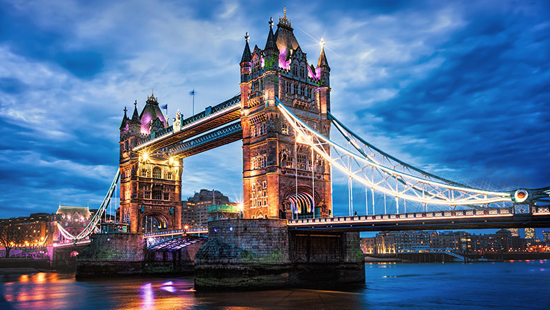 Tower Bridge in London lit up at night