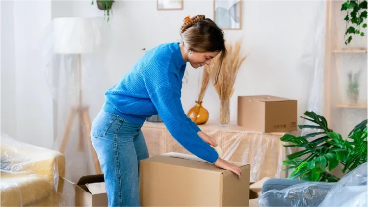 A young woman in a blue sweater is seen packing a cardboard box in a living room.