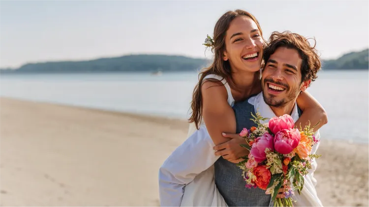 A young couple is pictured on a sandy beach, with one person giving the other a piggyback ride.
