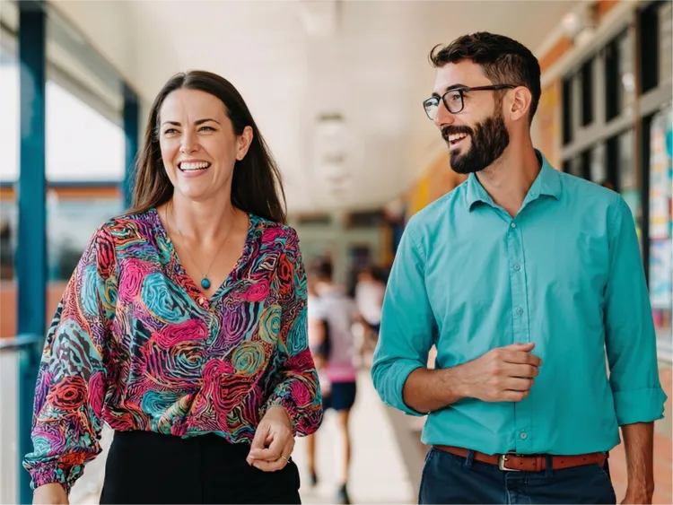 The main subjects are a woman and a man walking side by side in a corridor.