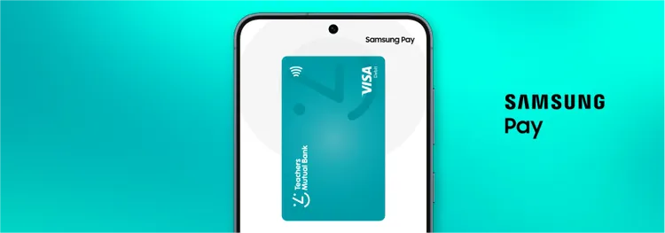 A smartphone screen displays a teal Visa bank card within a digital wallet interface.